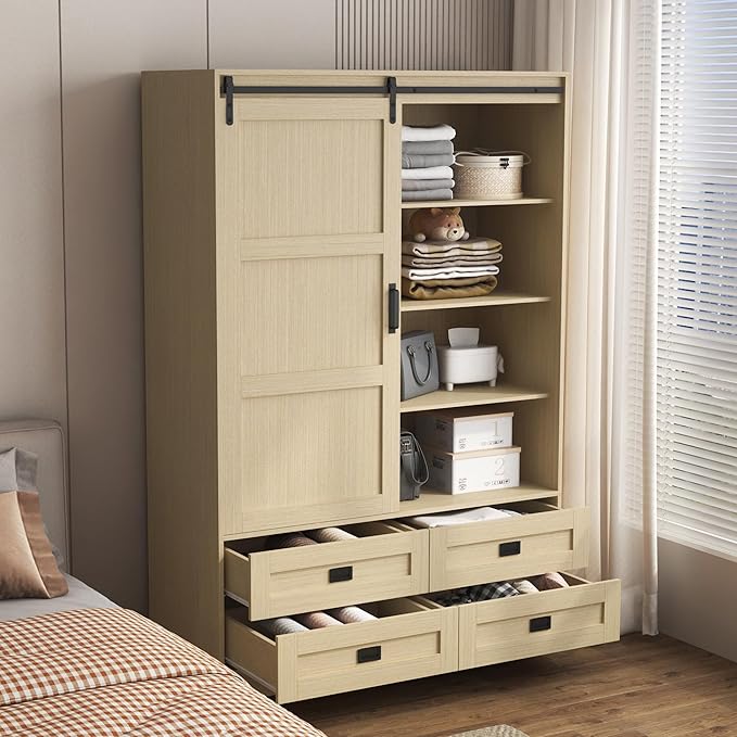Wardrobe Closet with Sliding Barn Door, Tall Wooden Bedroom Armoire Wardrobe Closet Storage Cabinet with 4 Drawers, Adjustable Shelves and Hanging Rod, Clothes Cabinet for Bedroom, Wood