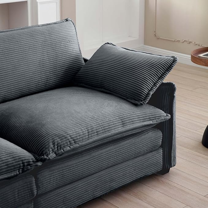 KEIKI 115" L-Shaped Oversized Corduroy Modular Sectional Sofa with 1 Ottoman, High-Density Foam Cushions, Removable Armrests, Upholstered 3-Seater Corner Couch with 5 Pillow, for Living Room, Grey