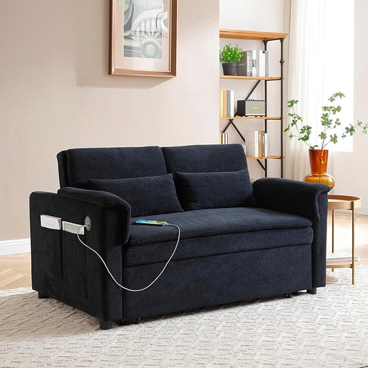 55" Convertible Loveseat Pull Out Sofa Bed for Living Room 3 in 1 Multi-Functional Sleeper Sofa Chaise Lounge Daybed Sofacama w/Adjustable Backrest,USB Ports,Side Pockets