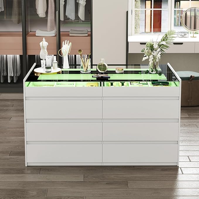 LIVAUVEAD Closet Island with Drawers, 16 Drawers Wardrobe Closet with Glass Top and LED Light，White Island Dresser with Jewelry Organizer for Bedroom & Cloakroom