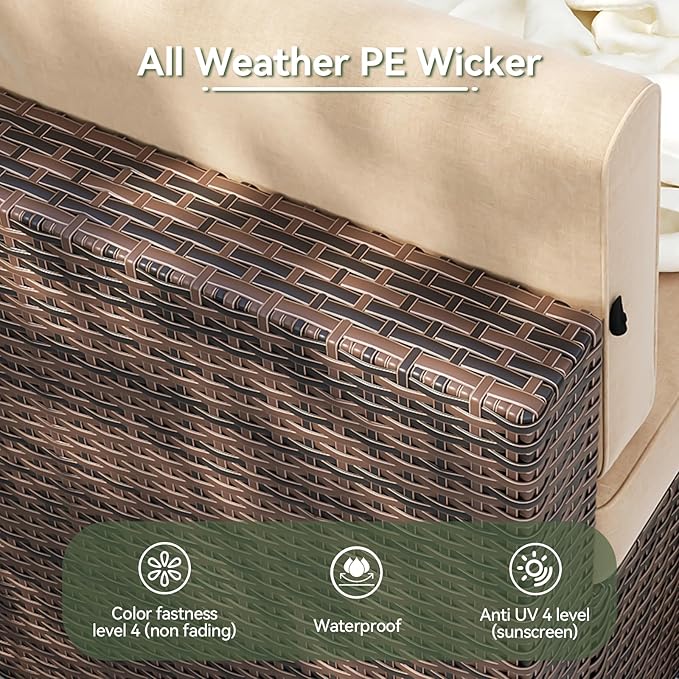 Aoxun 9 Piece Patio Furniture Set with 44” Fire Pit Table, Wicker Outdoor Furniture Set with Storage Box, Patio Sectional Set with Cushions and Waterproof Cover (Brown & Khaki)