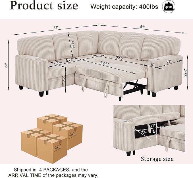 81" Modular Sectional Sofa, L-Shaped Convertible Sectional Sleeper Sofa Bed with Pull Out Bed, Storage Chaise, USB & Type-C Charging, 5-Seat Corduroy Couch for Living Room Apartment, Beige
