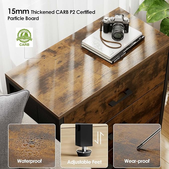 Memobarco Nightstand, End Table, Bedside Table, Small Tall Dresser for Bedroom with 3 Storage Drawer, Chest of Drawers Fabric Dressers with Steel Frame, Wooden Top & Front for Living Room - Image 4