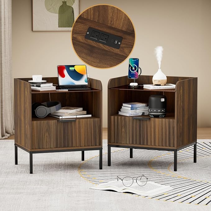 HQZX Nightstand Set of 2 with Charging Station, Mid Century Modern Night Stand, Fluted Bedside Table with Glass Top & Metal Legs, Wood End Table for Bedroom, Living Room (Walnut) by HQZX