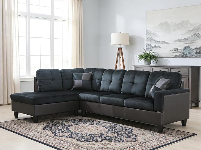103.5 Inch Modern L-Shaped Couch, Flannel Sectional Sofa with Chaise Lounge, 4-Seater Couch with Accent Pillows for Living Room, Apartment, Dark Blue & Brown