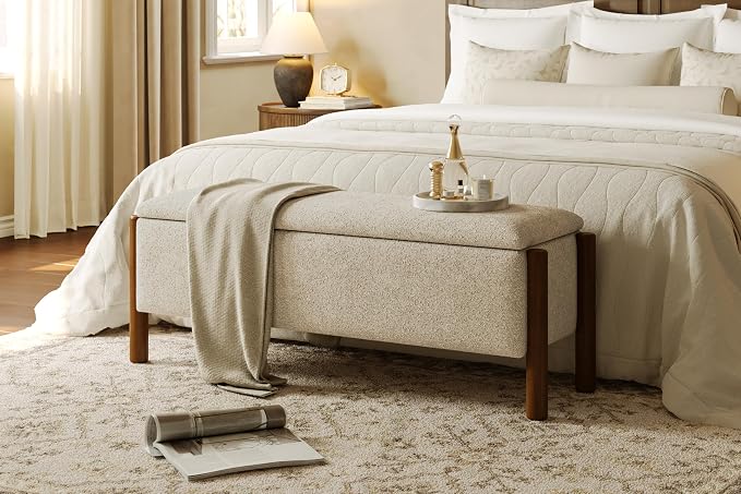 Modern Storage Benches with Walnut Wood Legs, 47'' Ottoman Bench with 20 Gallons Storage Space for Bedroom End of Bed, Fabric Upholstered Entryway Bench with Seating for Livingroom, Beige by Quenvo
