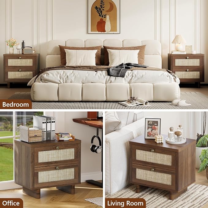 LAZZO Nightstands Set of 2 Large Night Stands 23.6" Wide Bedside Table Set of 2 with 2 Rattan Drawers and Bronze Ring Handles for Bedroom Walnut - Image 4