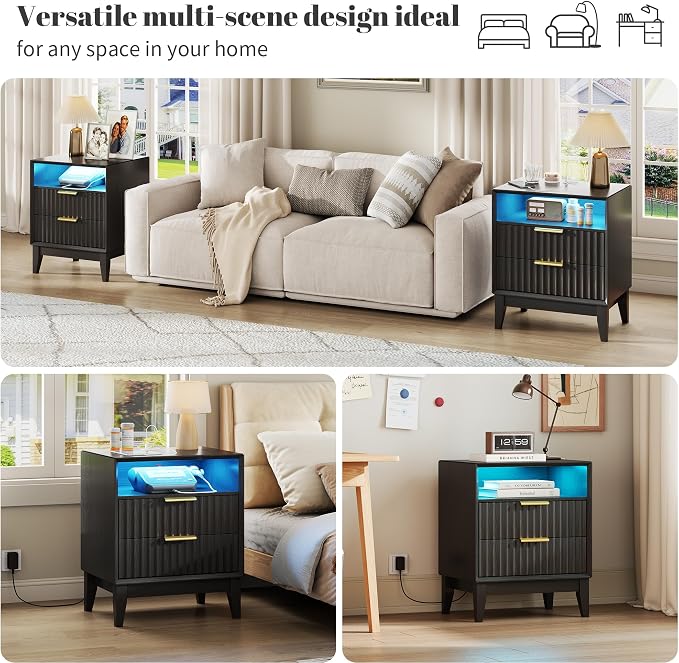 LVSOMT 20'W Fluted Nightstand Set of 2, Night Stand with Charging Station and LED Lights, RFID Lock Hidden Drawer, Mid Century Modern Bedside Table for Bedroom, 2 Drawers and Open Storage Cubby, Black - Image 9