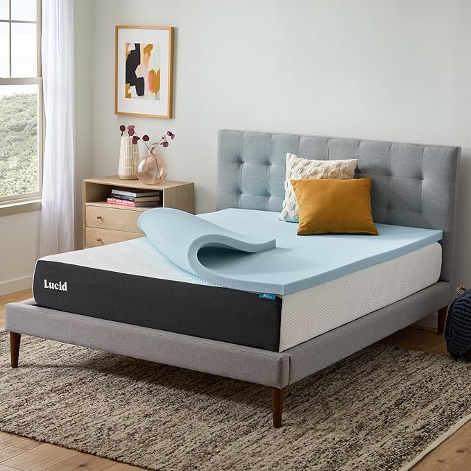 Lucid 2 Inch Memory Foam Mattress Topper, Twin XL Size – Cooling Gel Bed Topper – Pressure-Relieving Plush Feel – Ventilated Breathable Design – CertiPur Certified - Dorm Essentials