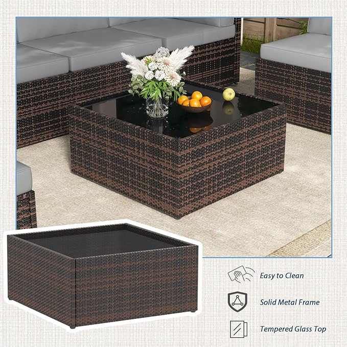 AECOJOY 7 Piece Outdoor Patio Furniture Set, Outdoor Sectional Conversation Furniture Chair with Coffee Table,Patio Sectional for Garden,Backyard(Dark Grey Cushions and Brown PE Rattan)