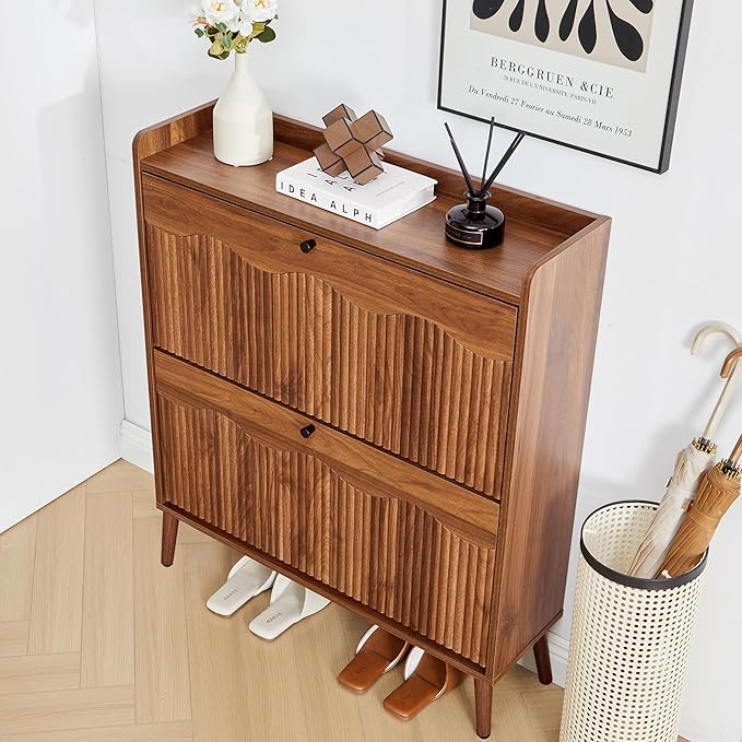 BERRYMERRY 31.5" Fluted Shoe Storage Cabinet with 2 Flip Drawers, Narrow Shoe Storage Organizer Rack with Wave Door for Entryway, Hallway, Living Room - Image 2