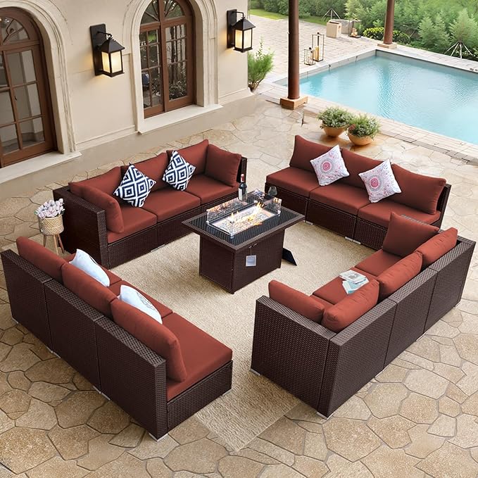 BULEXYARD 13 Piece High Back Wicker Patio Furniture Sets with Fire Pit, Elegant XL Oversized Outdoor Seating Set Modular, Comfy Extra Deep Wide 12-Person Sectional Couch Sofa for Backyard, Brown & Red