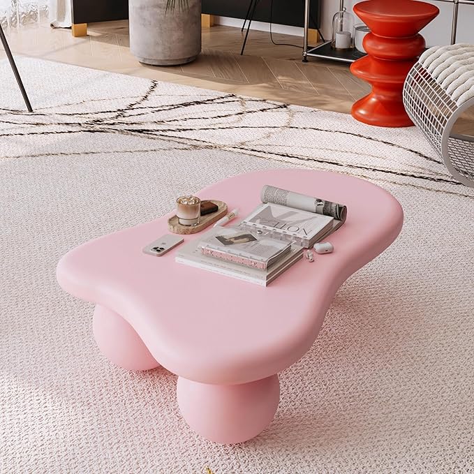 47.2" Cloud Coffee Table with 3 Ball Legs, Modern Irregular Center Table for Living Room, Low Cute Small MDF Tea Table for Bedroom, Space Apartment-Pink