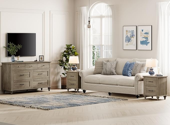 WAMPAT 3 Piece Bedroom Set - Includes Bedroom 7 Drawer Dresser, Set of 2 Nightstands with Charging Station & Drawers, 3 Piece Dresser and Nightstand Sets, Grey