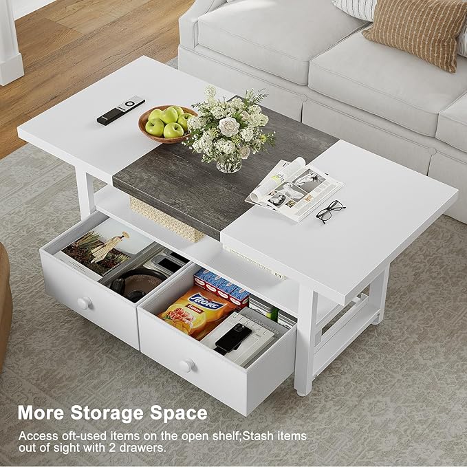 FABATO 2-Tier Coffee Table with Storage Shelf and 2 Drawers, 46'' Rectangular Center Table Wood Top for Living Room Reception Room, Metal Frame, Easy Assembly, Antique White