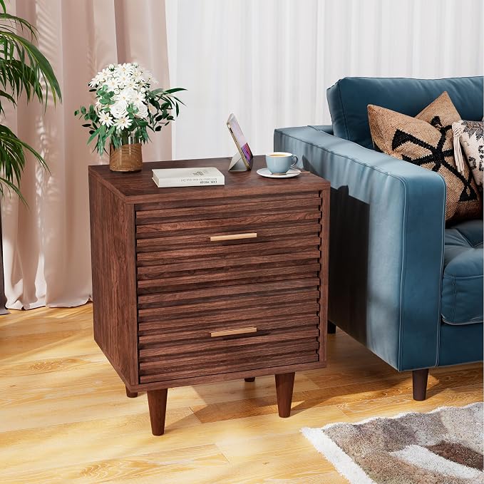 Whalefall Night Stands Set of 2, Fluted Bedside Table with Drawer, Mid Century Modern Nightstand, End Table Bed Side Tables for Bedroom, Accent Tables with Wood Legs, Brown 2pcs - Image 4