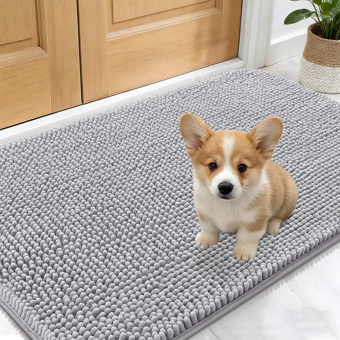 OLANLY Dog Door Mat for Muddy Paws 24x16, Absorbs Moisture and Dirt, Absorbent Non-Slip Washable Doormat, Quick Dry Chenille Mud Mat for Dogs, Entry Indoor Entryway Carpet for Inside Floor, Light Grey by OLANLY