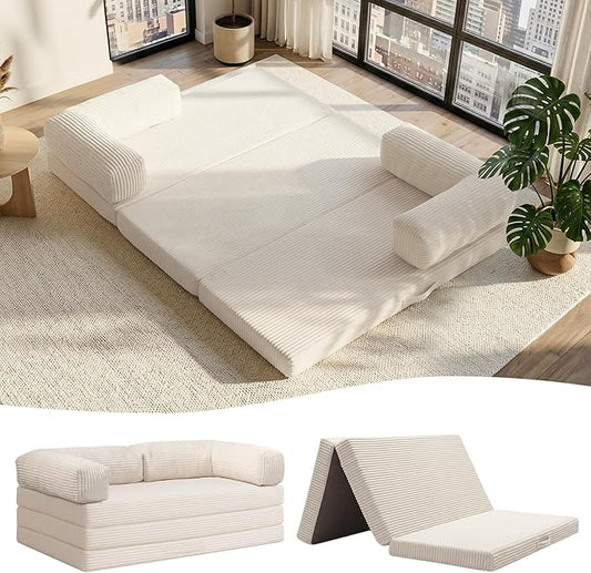 Folding Sofa Bed, Convertible Sleeper Chair with Pilow Foldable Matress, 2 in 1 Pull Out Loveseat Sofa Portable Fold Out Chair Bed Floor Couch Lounge for Living Room (Beige, King-82 Lx76 W)
