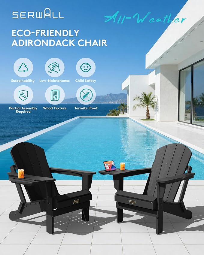 SERWALL Foldable Adirondack Chair Set of 2, Adirondack Chairs with 4 in 1 Multi-Functional Cup Holder, Weather Resistant Plastic Chair for Patio Garden Outdoors Fire Pit-Blue - Image 7