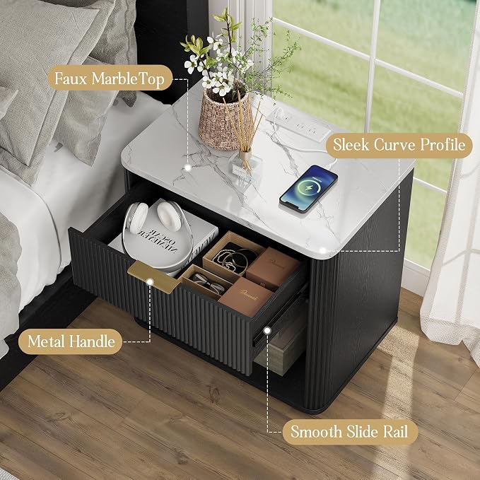 Fluted Nightstand with Drawer, Bedside Table with Faux Marble-Top, Modern Nightstand with Charging Station, Drawers and Open Shelf, Curved Corners, Modern Night Stand for Bedroom, Black - Image 6