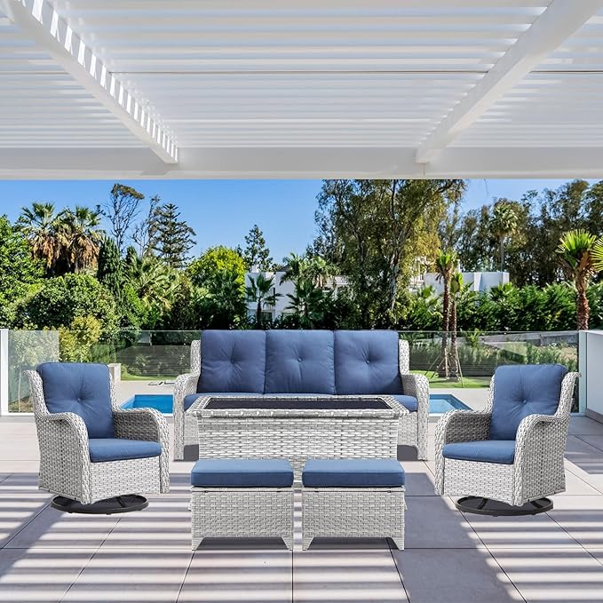 Wicker Patio Furniture Set: 6 Piece Outdoor Conversation Sets with Swivel Rocker Chairs, Patio Couch, Ottomans and Coffee Table for Porch Balcony Garden, Light Grey