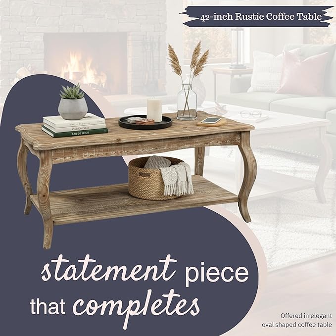 Alaterre Furniture Austerity 42-Inch Rustic Coffee Table with Open Shelf, Curved Legs, and Scalloped Edge - Easy Assembly Reclaimed Wood Living Room Table - Farmhouse Furniture (Driftwood Finish)