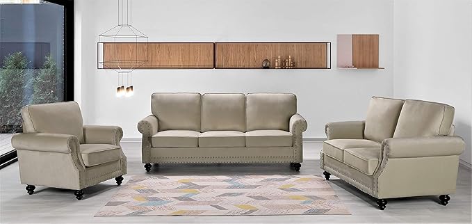 Lotus Mid Century Modern Velvet Upholstered Living Room Rolled Arms, Chair, Loveseat and Sofa, Ivory