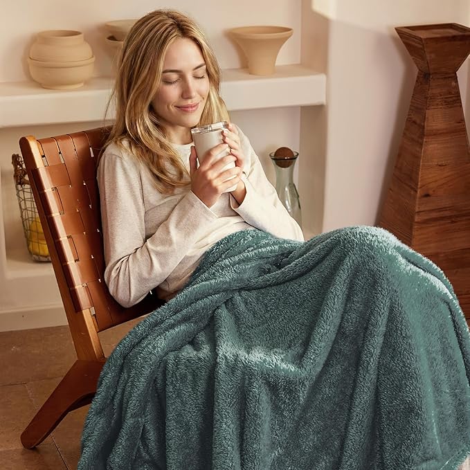 Exclusivo Mezcla Plush Fuzzy Fleece Bed Blanket Queen Size, Super Soft, Fluffy and Warm Blankets for Couch, Bed, All Season (Celadon, 90x90 inches)