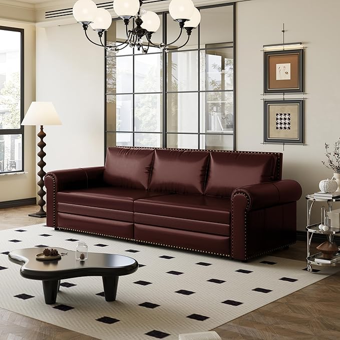 Eafurn 93.7" King Size Pull Out Sofa Bed, 3-in-1 Convertible Sleeper Sofa Couch Bed with Nailhead Decor and Rolled Arms, Faux Leather Oversized Chesterfield Loveseat Chaise Lounge