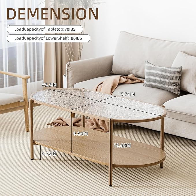 Glass Coffee Table, 44” Tea Dinner Table 2-Tier Oval Center Table Wave Pattern Tempered Glass Table Top With Anti Slip Pads, for Living Room Office Cafe Reception Room Small Space Apartment