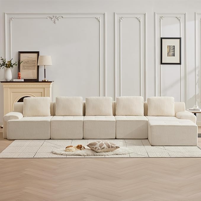 158.2'' Modular Sectional Sofa with Movable Ottoman, 5 Seat Deep Seat Couch with 5 Pillows, Comfy Cloud Sectional Sofa for Living Room, Bedroom (White, 1 Left+1 Right+3 Middle+1 Ottoman)