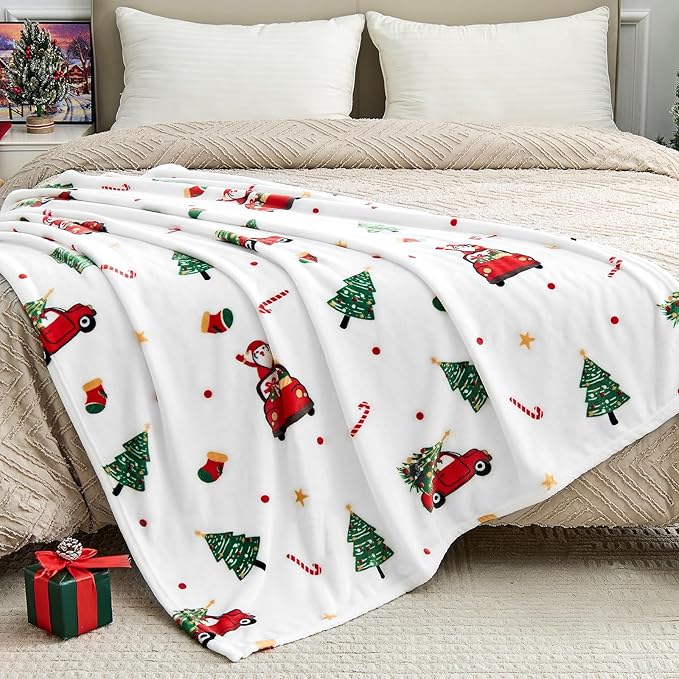 Edenleaf Christmas Blanket - White Holiday Throw with Santa Claus & Snowman - Warm Cozy Fleece Winter Blanket, 50x60 Inches???White