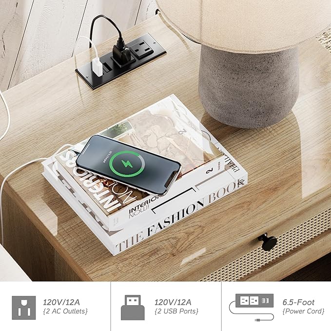 WAMPAT 3 Piece Bedroom Set - Includes Bedroom 8 Drawer Dresser, Set of 2 Bedside Tables with Charging Station & Rattan Drawer, 3 Piece Dresser and Nightstand Sets, Oak
