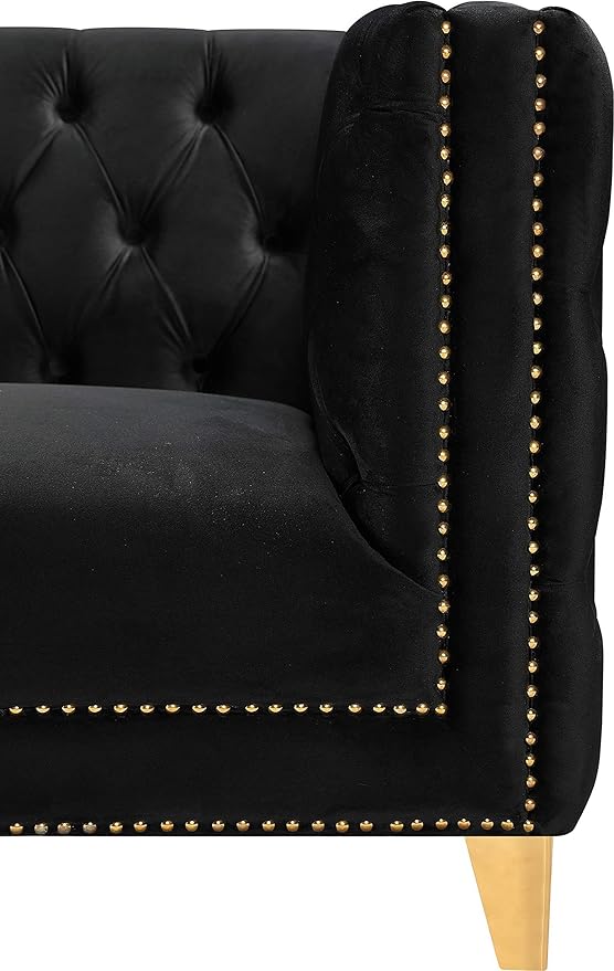 Meridian Furniture 652Black-L Michelle Collection Modern | Contemporary Loveseat with Deep Button Tufting, Gold Nailhead Trim and Sturdy Gold Iron Legs, Black Velvet, 66" W x 34" D x 30" H