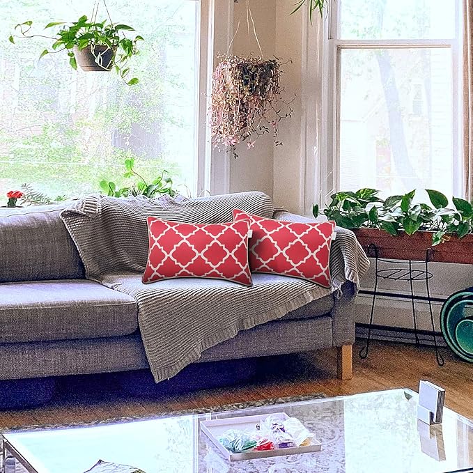 JMGBird 12×20 Inch Outdoor Lumbar Pillows Pack of 2 Water-Repellent Throw Pillows with Insert Rectangular Decorative Garden Cushion for Home Furniture Patio Coach Sofa (Red)
