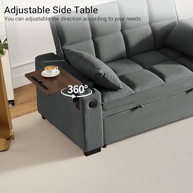 65'' 3-in-1 Sleeper Sofa Bed with Pull-Out Couch & Side Table, Convertible Loveseat with Adjustable Backrest, Velvet Chaise Lounge with USB & Type-C Ports, Dark Grey