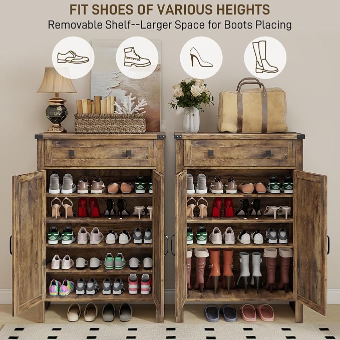 Halitaa Shoe Cabinet, Farmhouse Shoe Storage Organizer, Shoe Storage Cabinet with Doors & Drawer, Boots High-Shoe Cabinet Organizer for Entryway Living Room Hallway, Brown - Image 5