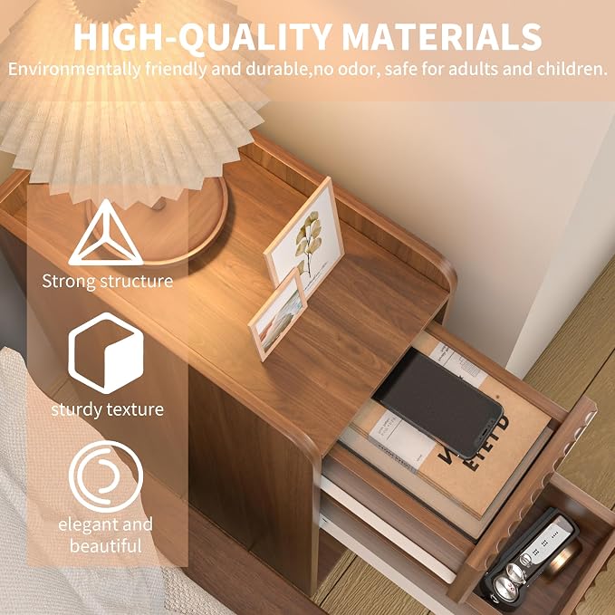 Narrow Fluted Nightstand, Wooden Small 2 Drawer Nightstand, Slim Side End Table, Vintage Bedside Table, Mid Century Modern Night Stand with Drawers, for Bedroom, Walnut, 1 Pcs - Image 6