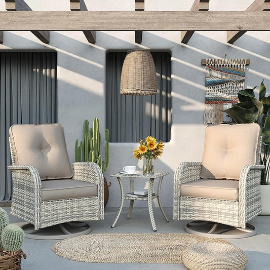 Patio Rocking Swivel Chair Outdoor Wicker Rattan Bistro Set with Tempered Glass Side Table, Outdoor Patio Furniture Set for Garden, Deck, and Balcony, Beige