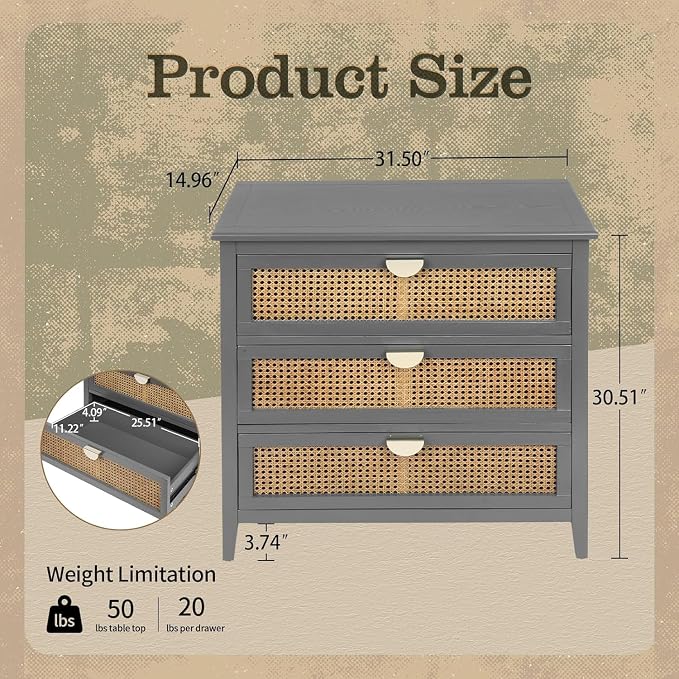 31.5" Wide Rattan Nightstand with 3 Drawers, Modern Boho Storage Cabinet with Solid Wood Legs & Golden Handles, Large Accent Table for Bedroom, Grey, 1 PC - Image 2