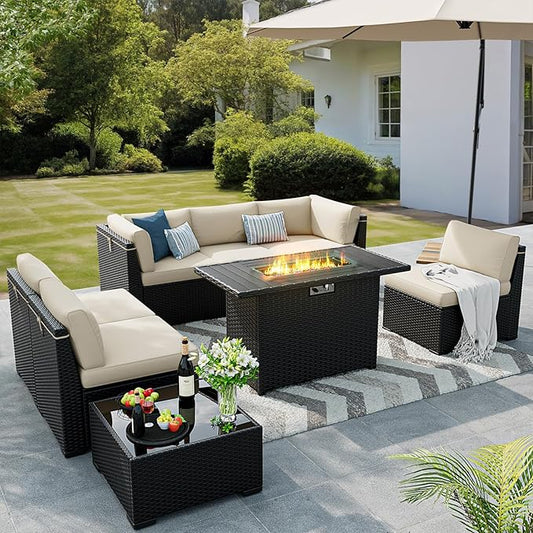 8 Pieces Outdoor Patio Furniture Set with 44" Fire Pit Table Black Rattan Sectional Conversation Sets w/Gas Fire Pit, Coffee Table, 1 Waterproof Covers, Khaki