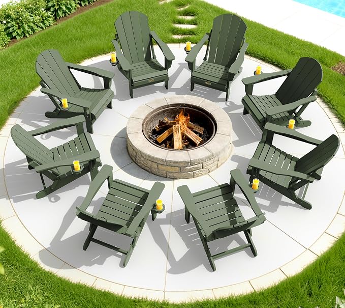SERWALL Folding Adirondack Chair for Patio Garden, All-Weather Outdoors Chairs with Cup Holder, Wooden Textured Fire Pit Chairs for Poolside, Backyard, Lawn - Army - Image 9