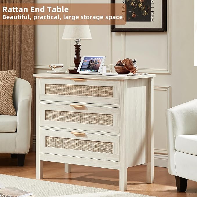 LEYAOYAO 31.5" Wide Rattan Nightstands Set of 2 with Charger Station, Large Boho 3 Drawer Night Stand, Grey White Bedside Table with Storage, Bed Side End Tables for Bedroom, Living Room, Hallway - Image 7