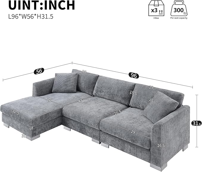 Deep Seat Oversized L Shaped Modular Sectional Sofa with Extra Wide Chaise, 4 Seater Cloud Lounge Sofa Corner Couch with Metal Legs and Detachable Cushions for Living Room Apartment, Chenille Fabric