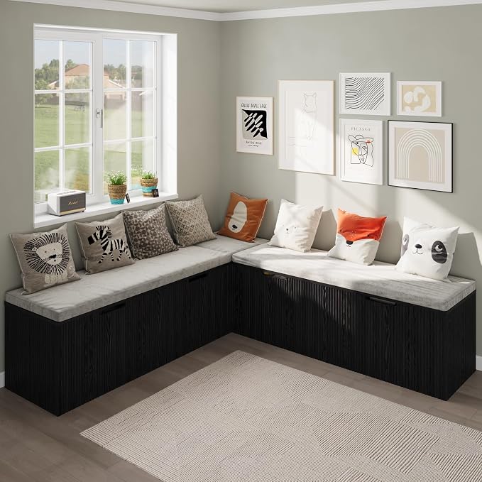 Bobve L-Shape Storage Bench with Cushion, Backless Corner Dining Bench, Kitchen Dining Nook Bench with Hidden Storage for Dining Room, Kitchen, Entryway (Black) by Bobve