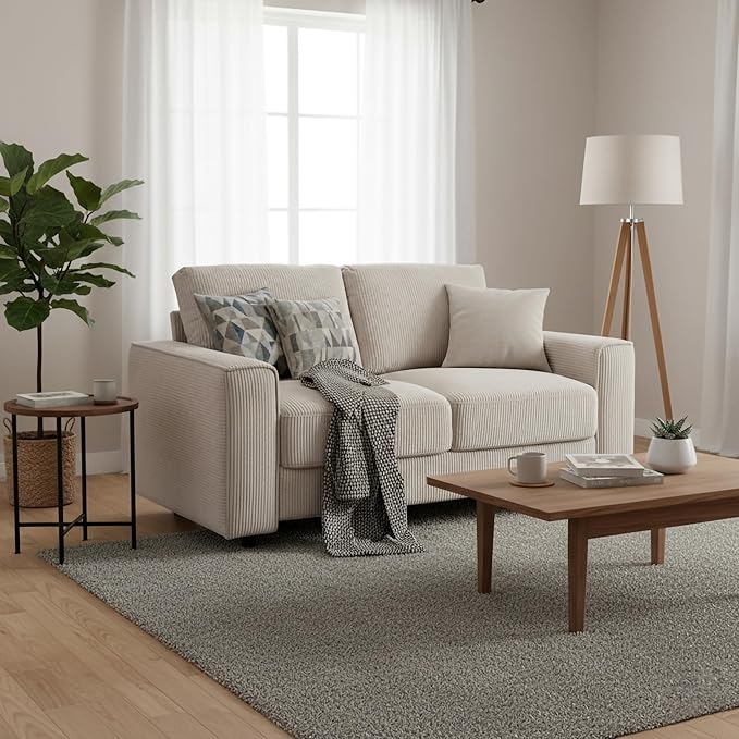 AC Pacific Derek 66" Modern Corduroy Couch for Living Room, Tufted Loveseat Sofa with Plush Upholstery, High-Density Foam, Sleek Black Legs, Durable Wooden Frame, Loveseat, Beige