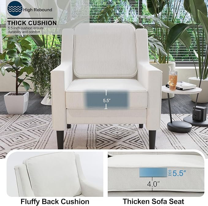 Ribilake Cream Accent Chair - High Back Upholstered Armchair, Comfy Living Room Arm Chair, Reading Accent Chairs for Bedroom, Apartment, Office, Single Sofa with Wood Legs