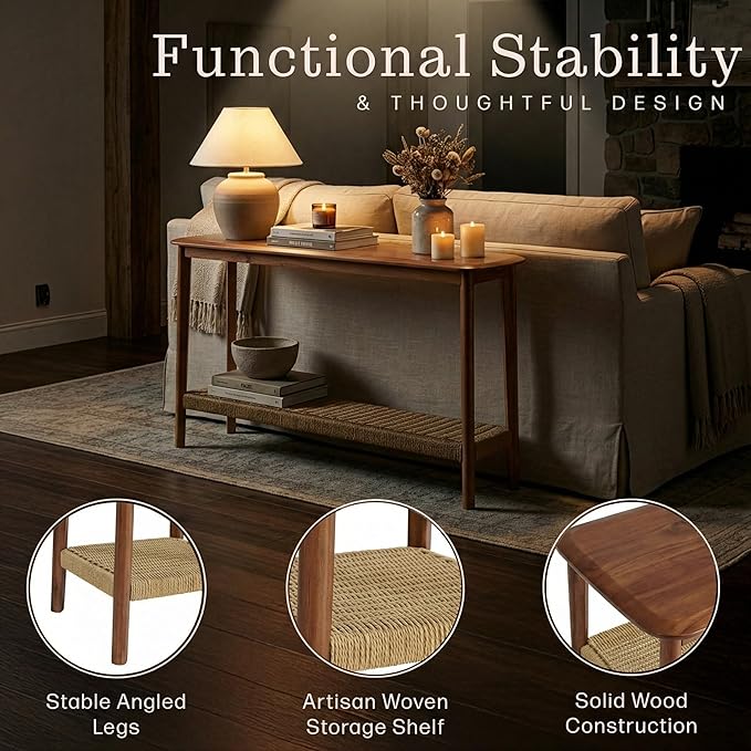 Alaterre Furniture Calais 48 Inch Solid Wood Entryway Table with Woven Storage Shelf – Mid Century Modern 2-Tier Sofa Table for Living Room, Hallway, or Foyer (Chestnut) - Image 4