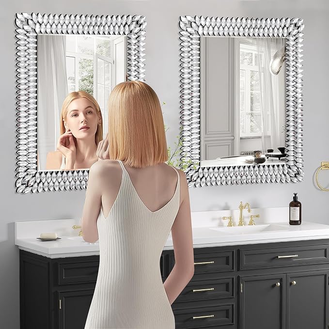 30x40 Inch Rectangle Mirrors for Wall Decor, Luxury Diamond Entryway Mirrors for Wall, Silver Decorative Mirror for Living Room, Bedroom, Bathroom, Dining Room, Fireplace - Image 5
