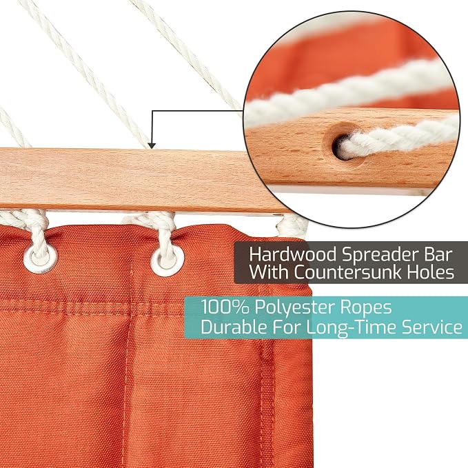 CHULIM Double Quilted Fabric Hammock with Hardwood Spreader Bars and Pillow 450 LBS Capacity 2 Person Large Hammock for Outdoor Patio Backyard Poolside - Terracotta - Image 5